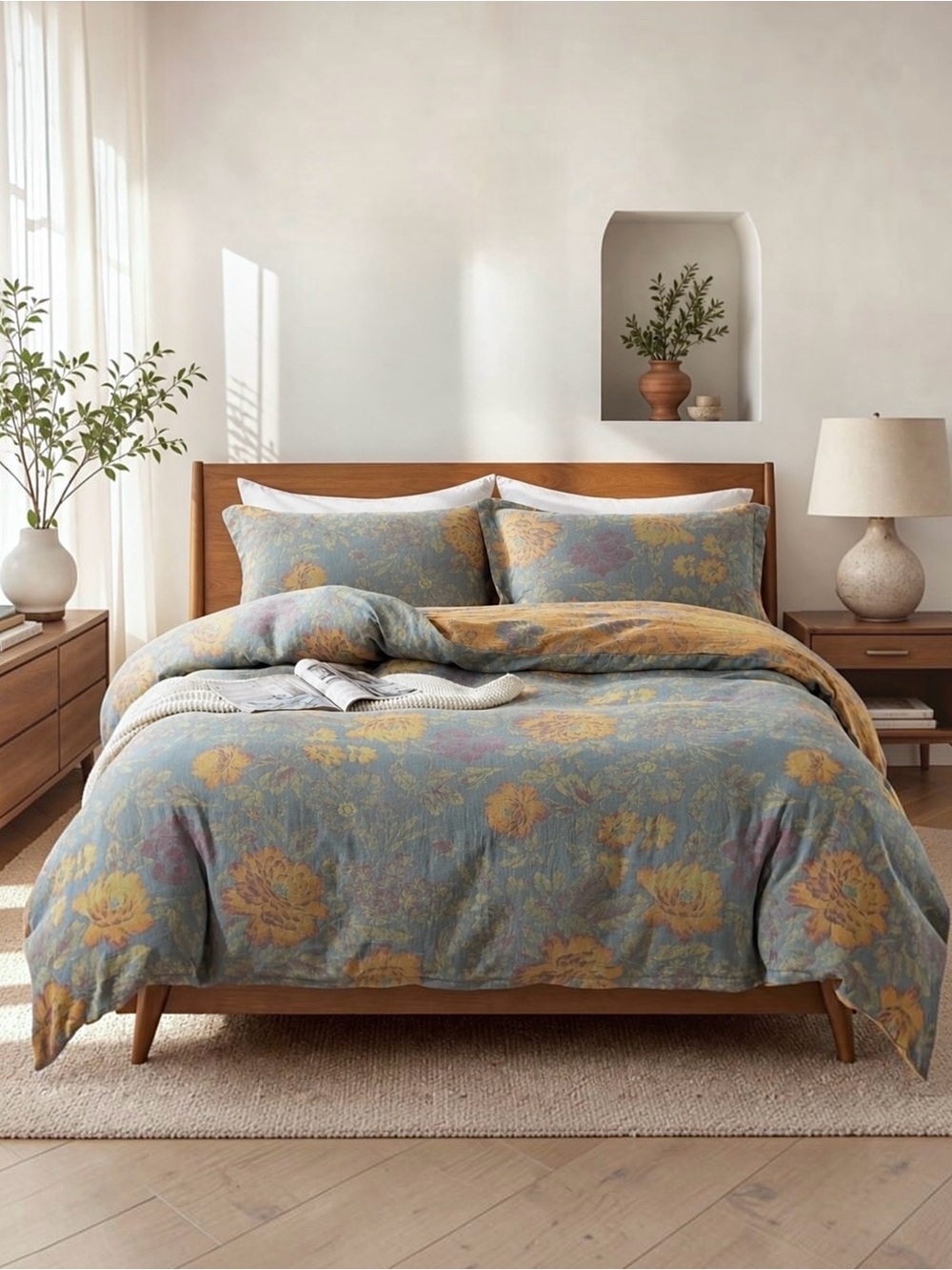 NEW Anthropologie Blue Orange Floral Cotton Queen / King Bedding Duvet Sham Set
